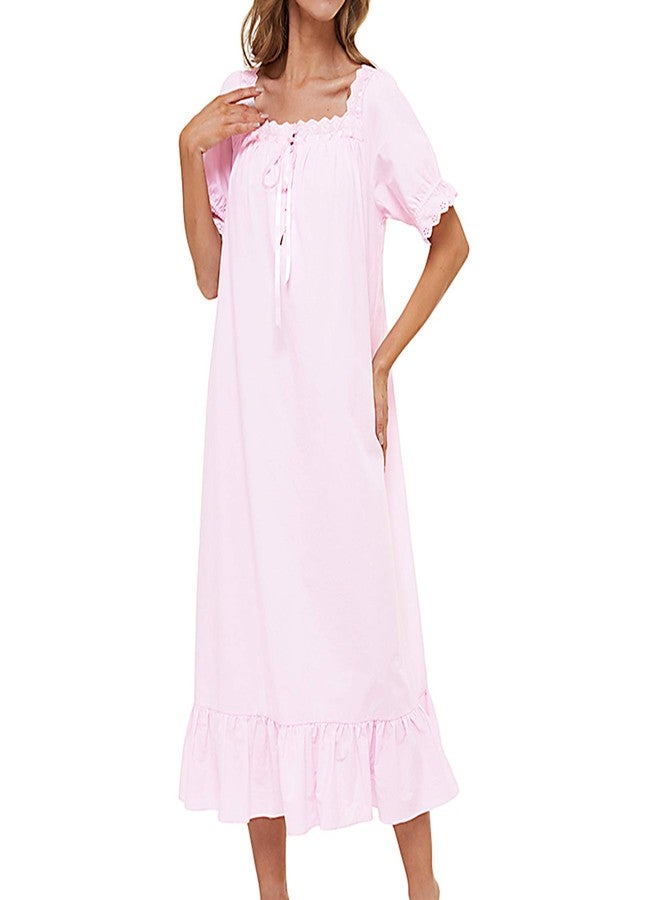 Lu's Chic Women's Victorian Nightgown Cotton Sleepwear Long Loungewear Short Sleeve Soft Nightwear Night Dress Sleep Calf Length Ruffle Nightdress Scoop Neck Lace Solid Pink Small - Image 4